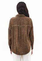 Bayan Kahverengi Yıkamalı Oversize Cepli Gömlek