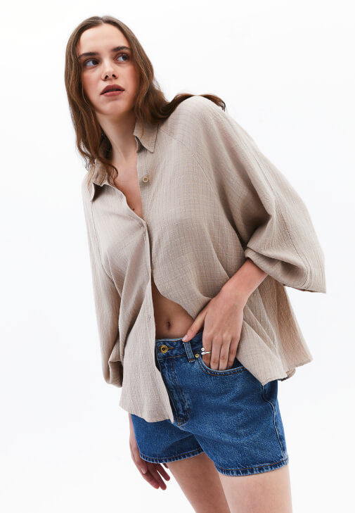 Bej Balon Kollu Oversize Gömlek