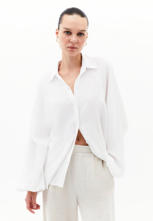 Beyaz Balon Kollu Oversize Gömlek