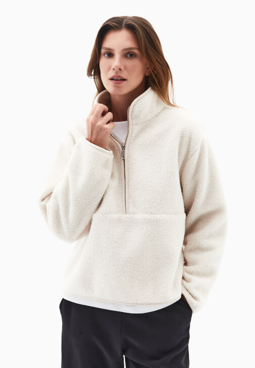 Krem Fermuarlı Sweatshirt