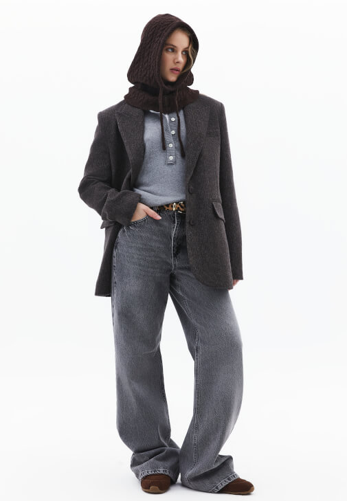 Gri Yüksek Bel Wide-Leg Pantolon