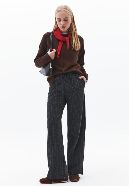 Füme Çizgili Straight-Fit Pantolon