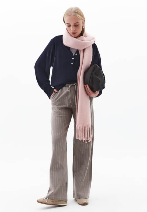 Bej Çizgili Straight-Fit Pantolon