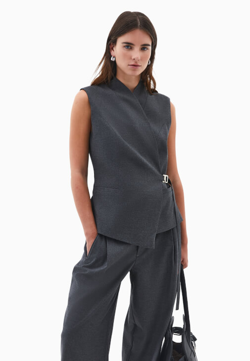 Füme Asimetrik Kesim Bağlamalı Yelek