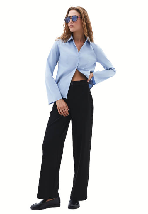 Siyah Orta Bel Straight-Fit Pantolon