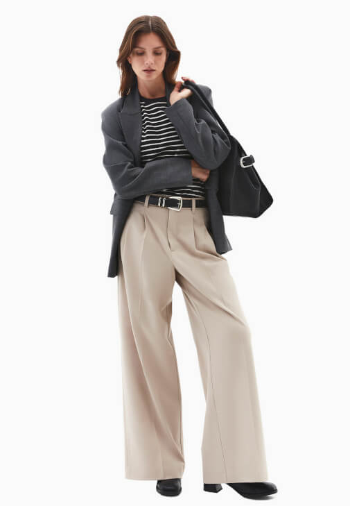 Bej Yüksek Bel Wide-Leg Pantolon