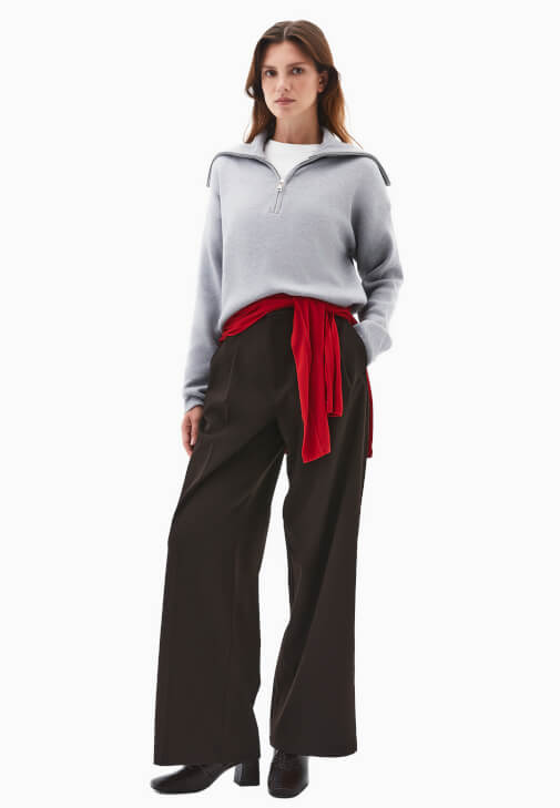 Kahverengi Yüksek Bel Wide-Leg Pantolon