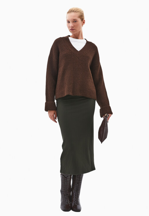 Yeşil Yüksek Bel Yırtmaçlı Etek