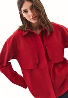 Bayan Kırmızı Cep Detaylı Oversize Gömlek