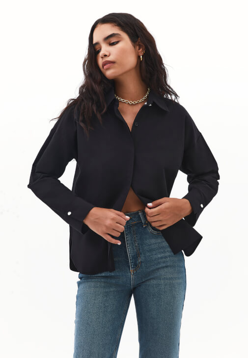 Siyah Loose-Fit Poplin Gömlek