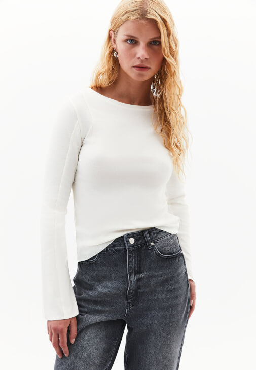 Krem Pamuklu Bot Yaka Tişört