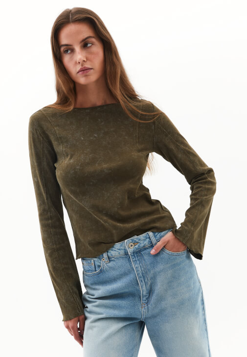 Yeşil Yıkamalı Bot Yaka Tişört