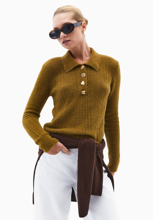 Yeşil Polo Yaka Ajurlu Kazak