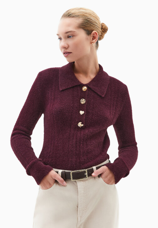 Bordo Polo Yaka Ajurlu Kazak