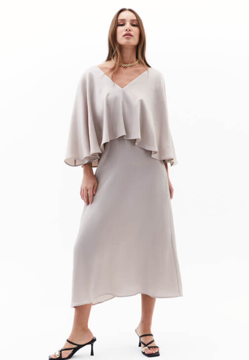 Bej Pelerinli Saten Elbise