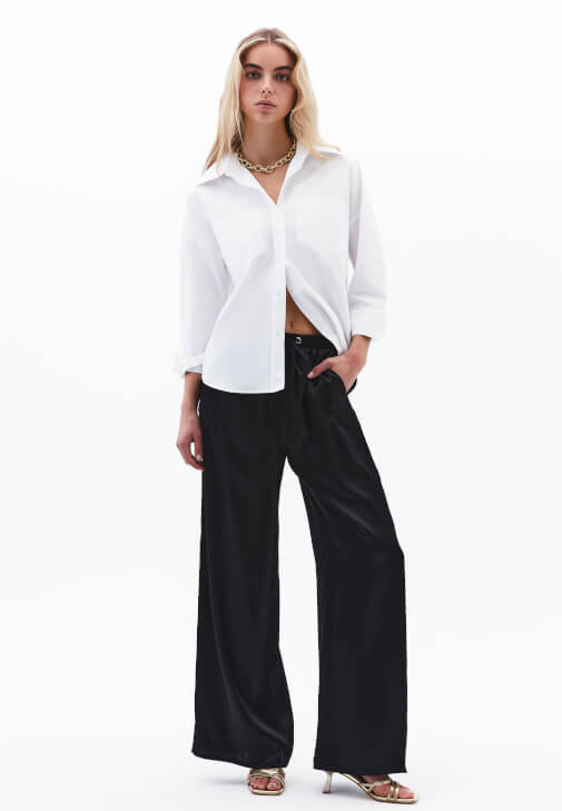 Siyah Yüksek Bel Wide-Leg Pantolon