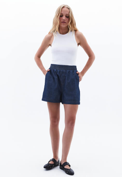Mavi Yüksek Bel Denim Şort