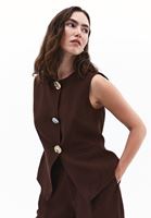 Bayan Kahverengi Keten Karışımlı Düğmeli Yelek ( TENCEL™ )