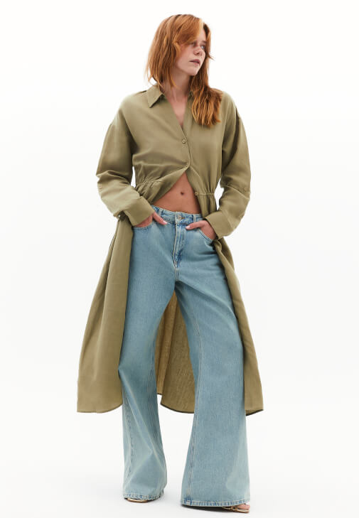 Yeşil Keten Karışımlı Kemerli Elbise (TENCEL™ )