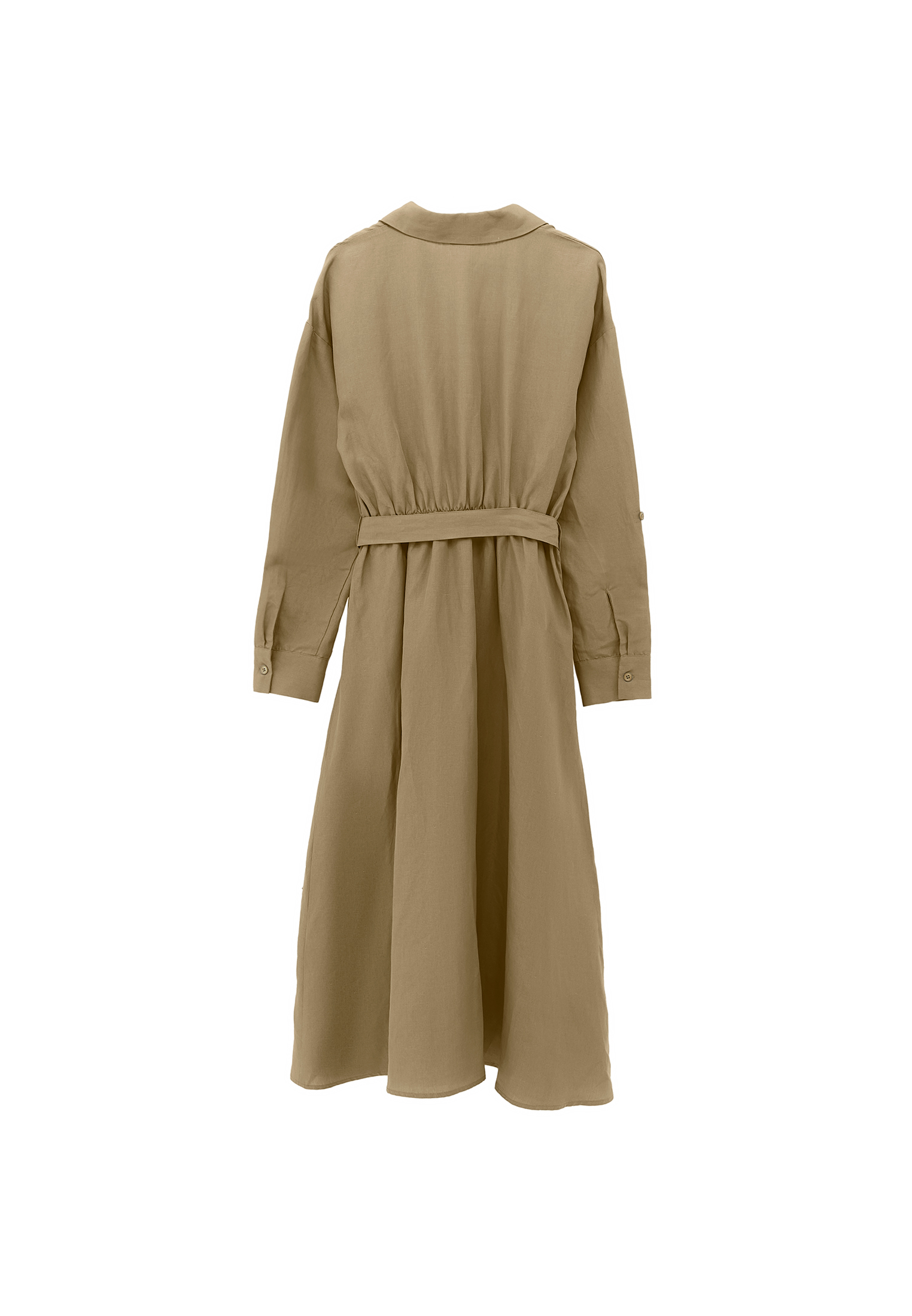 Yeşil Keten Karışımlı Kemerli Elbise (TENCEL™ )