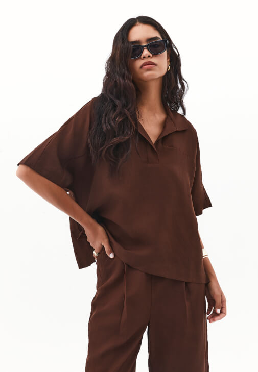 Kahverengi Keten Karışımlı Oversize Bluz ( TENCEL™ )
