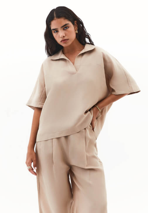 Bej Keten Karışımlı Oversize Bluz ( TENCEL™ )