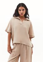 Bayan Bej Keten Karışımlı Oversize Bluz ( TENCEL™ )