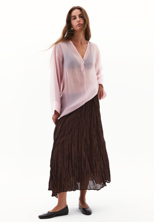 Kahverengi Keten Karışımlı Piliseli Etek ( TENCEL™ )