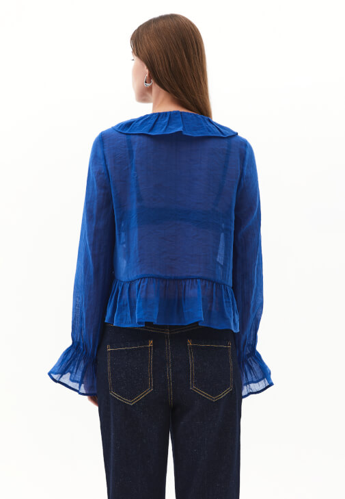 Fırfırlı Tencel Bluz ve Denim Pantolon Kombini