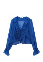 Bayan Mavi Fırfırlı Bluz ( TENCEL™ )