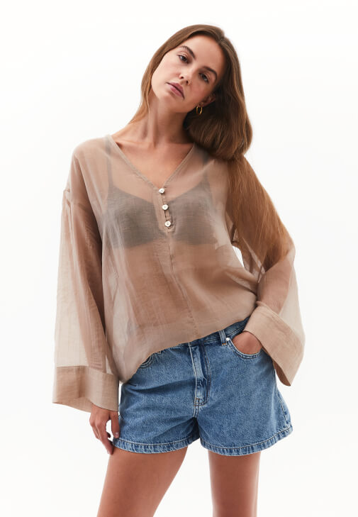 Bej V Yaka Tül Bluz ( TENCEL™ )