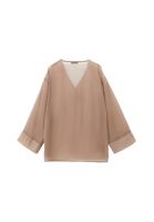 Bayan Bej V Yaka Tül Bluz ( TENCEL™ )