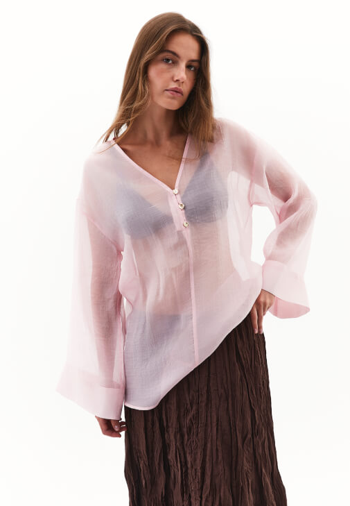 Pembe V Yaka Tül Bluz ( TENCEL™ )