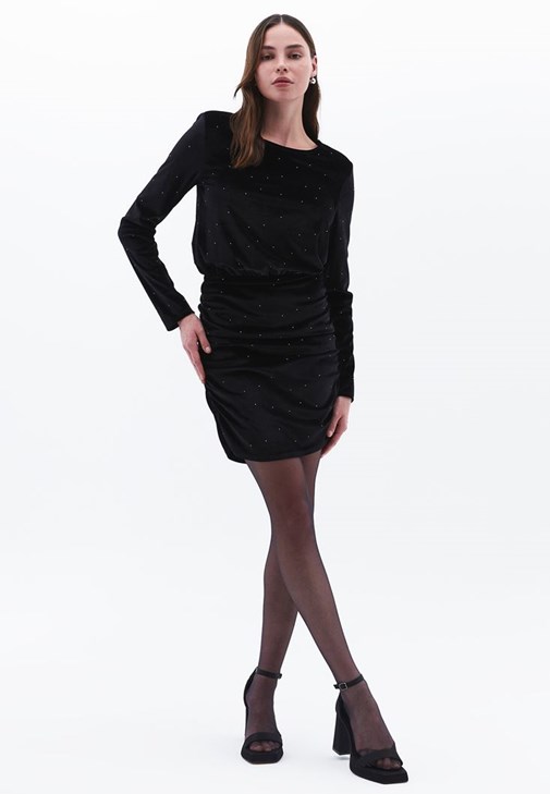 Siyah Büzgü Detaylı Kadife Mini Elbise