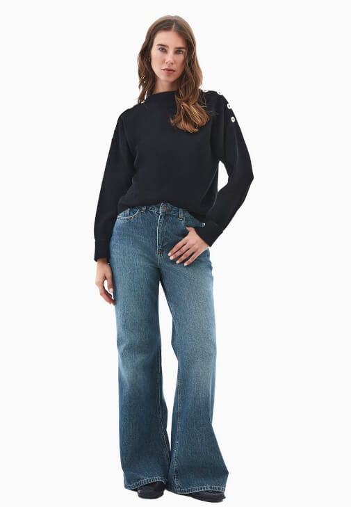 Düğmeli Kazak ve Wide-Leg Denim Kombini