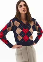 Bayan Çok Renkli Düğme Detaylı Jakarlı Kazak