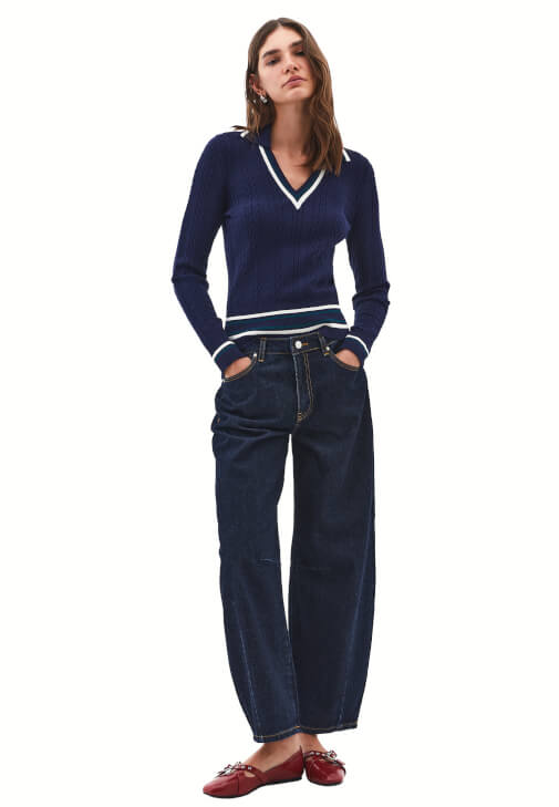 Polo Yaka Kazak ve Barrel-Fit Pantolon Kombini