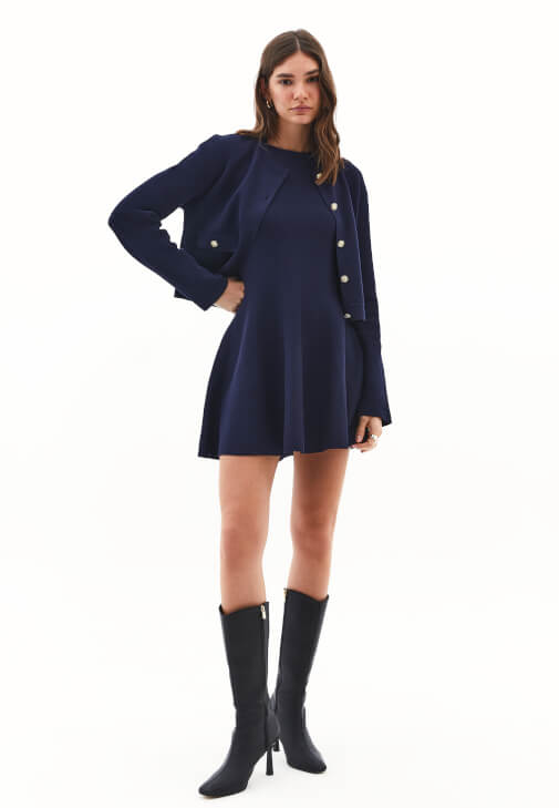 Lacivert Volanlı Triko Mini Elbise