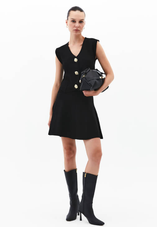 Siyah Yüksek Bel Triko Mini Etek