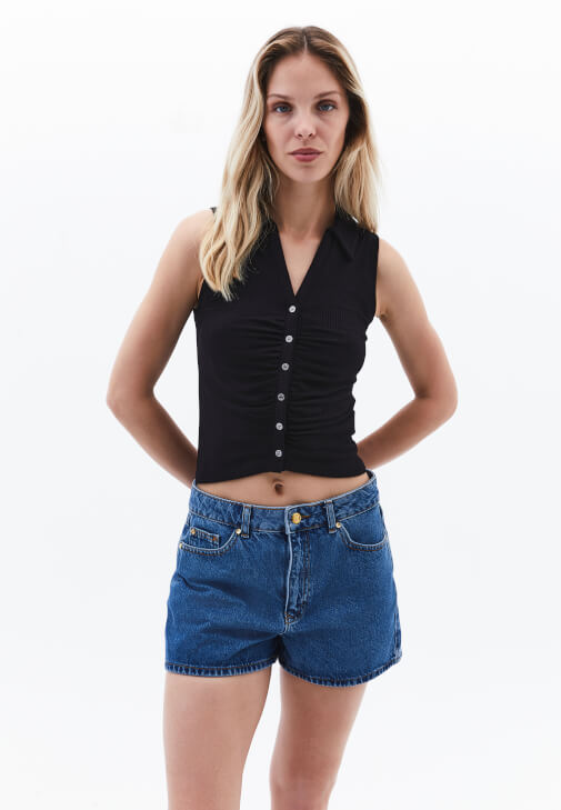 Siyah Polo Yaka Büzgülü Atlet