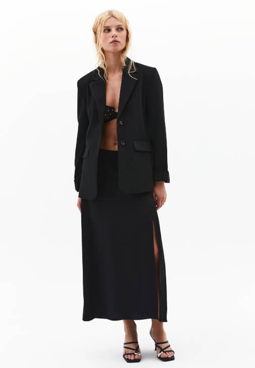 Siyah Yüksek Bel Yırtmaçlı Midi Etek