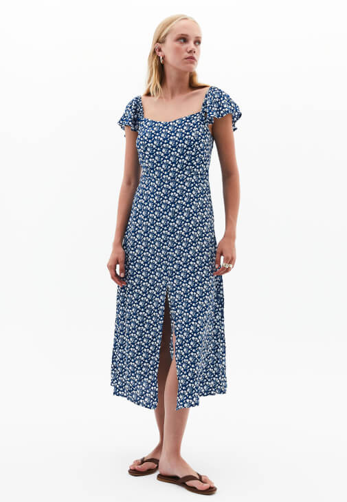 Çok Renkli Yırtmaç Detaylı Midi Elbise