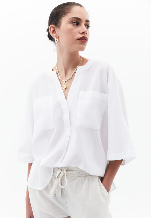 Beyaz Oversize Cepli Gömlek
