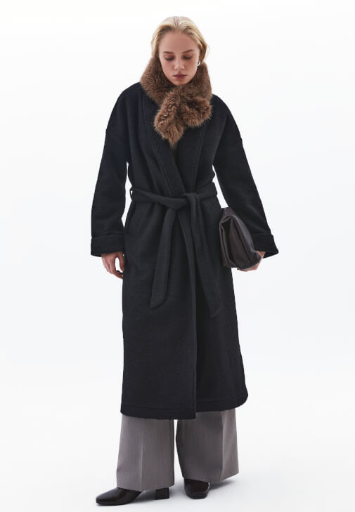 Siyah Yün Karışımlı Oversize Kaban