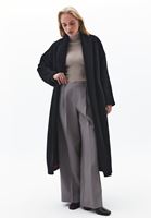 Bayan Siyah Yün Karışımlı Oversize Kaban
