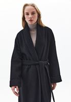 Bayan Siyah Yün Karışımlı Oversize Kaban