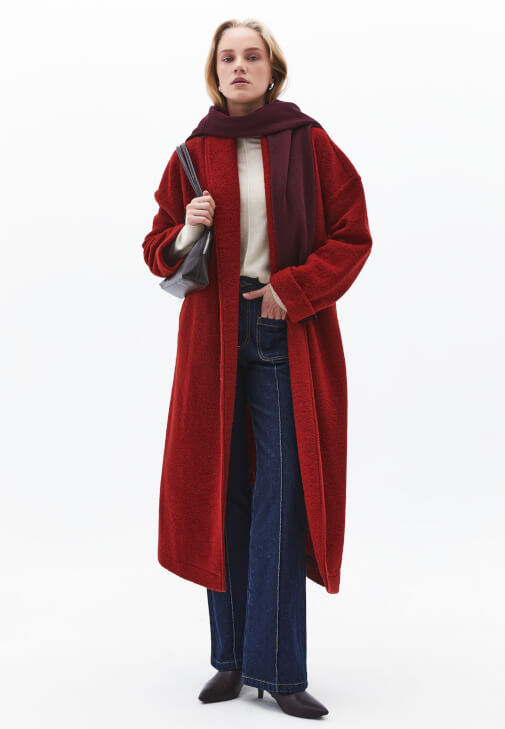 Bordo Yün Karışımlı Oversize Kaban