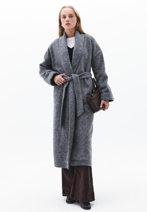 Gri Yün Karışımlı Oversize Kaban