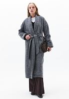 Bayan Gri Yün Karışımlı Oversize Kaban
