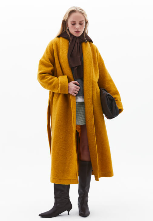 Sarı Yün Karışımlı Oversize Kaban